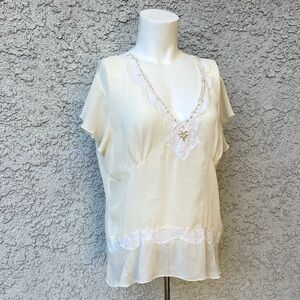 Vintage Bobbie Bee Sheer Elegant Cream Lace Trim Beaded Women's Top Blouse Shirt